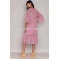 Loose Fit Pink Three Quarter Length Sleeve Ruffled Midi Summer Dress Manufacture Wholesale Fashion Women Apparel (TA0241D)